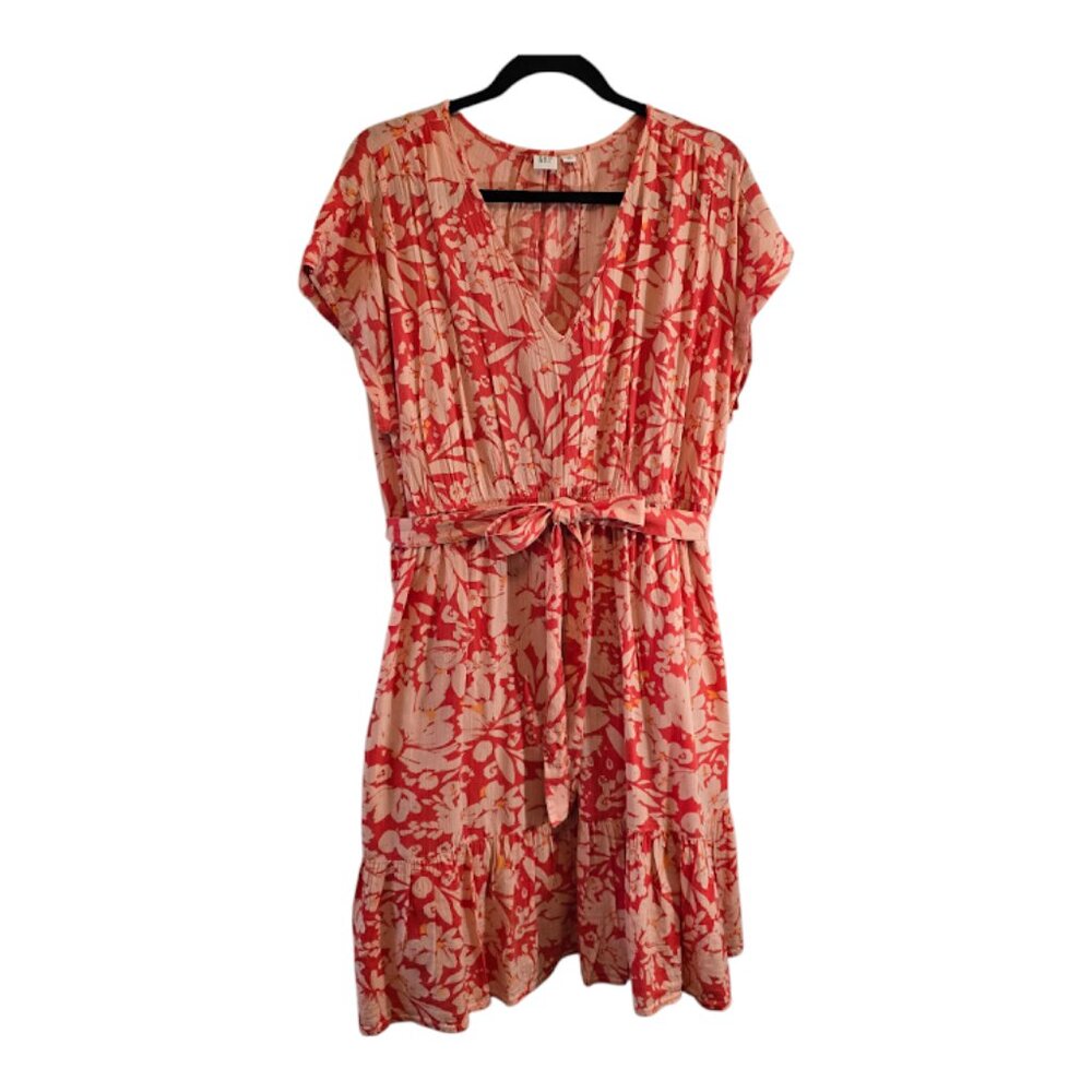 GAP FLORAL DRESS SIZE XL FLORAL DESIGN VNECK TIE WAIST COTTON BLEND ORANGE LINED